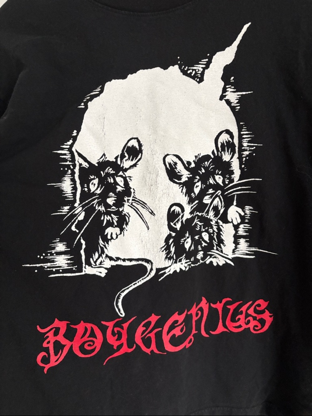 Black Graphic Tee with White Rats and Red Script